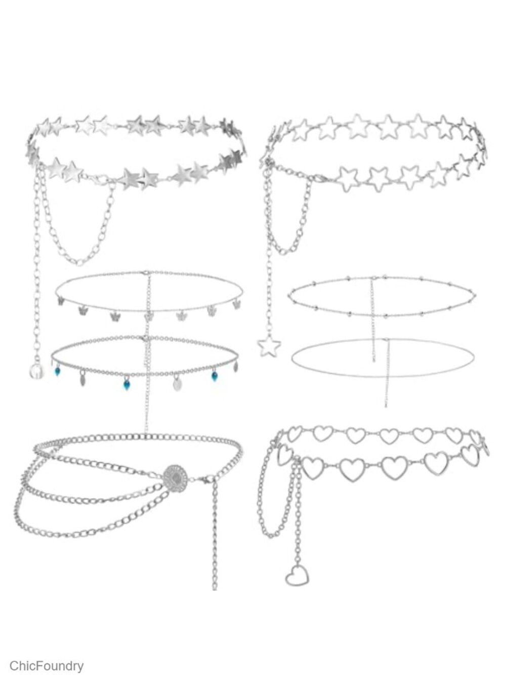 8 Pc Y2K Waist Chain Set, Multi-Layer Belly Chains for Men Women Hip Hop